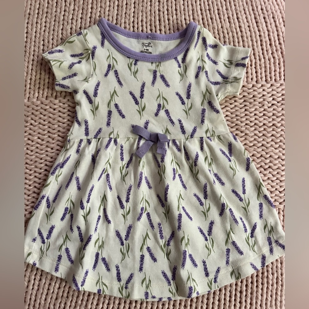 Touched by nature 3-6 months ivory dress with purple flowers, short sleeves